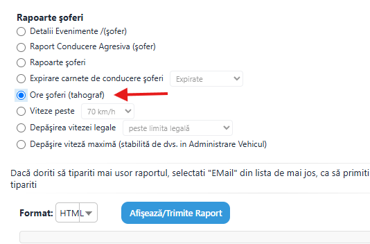 Selectare raport Ore soferi tahograf