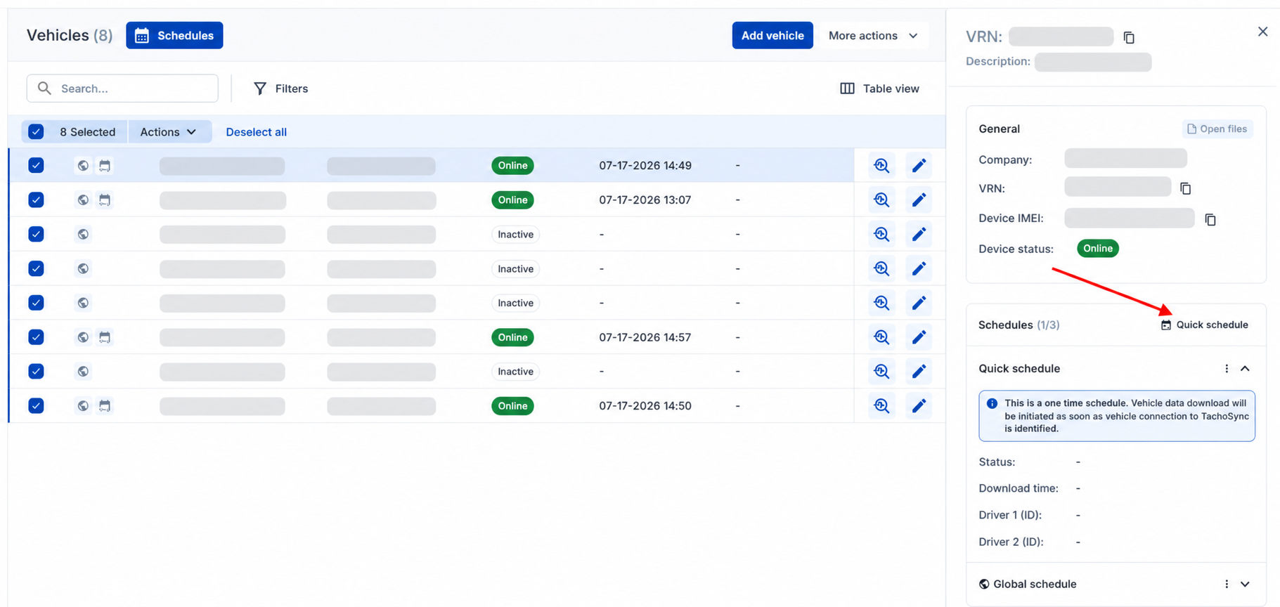 Lista de vehicule si butonul Quick schedule in TachoSync